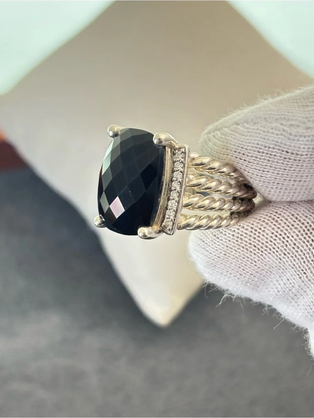 David Yurman Wheaton Ring with Black Onyx & Diamonds 6.5